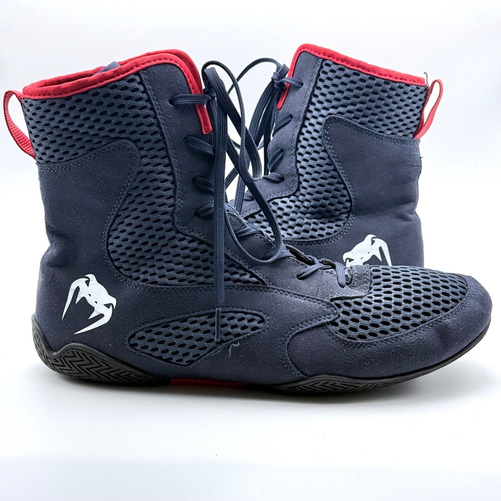 Venum Elite Boxing Shoes Mens 11.5 Navy Blue Red High Top Wrestling MMA Boots